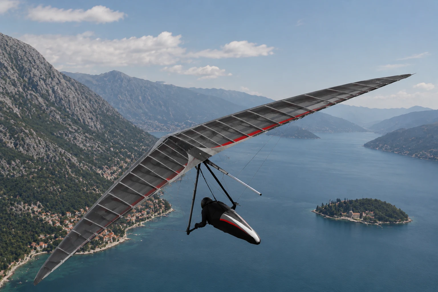 Hang glider with carbon fiber airframe components flying over mountains