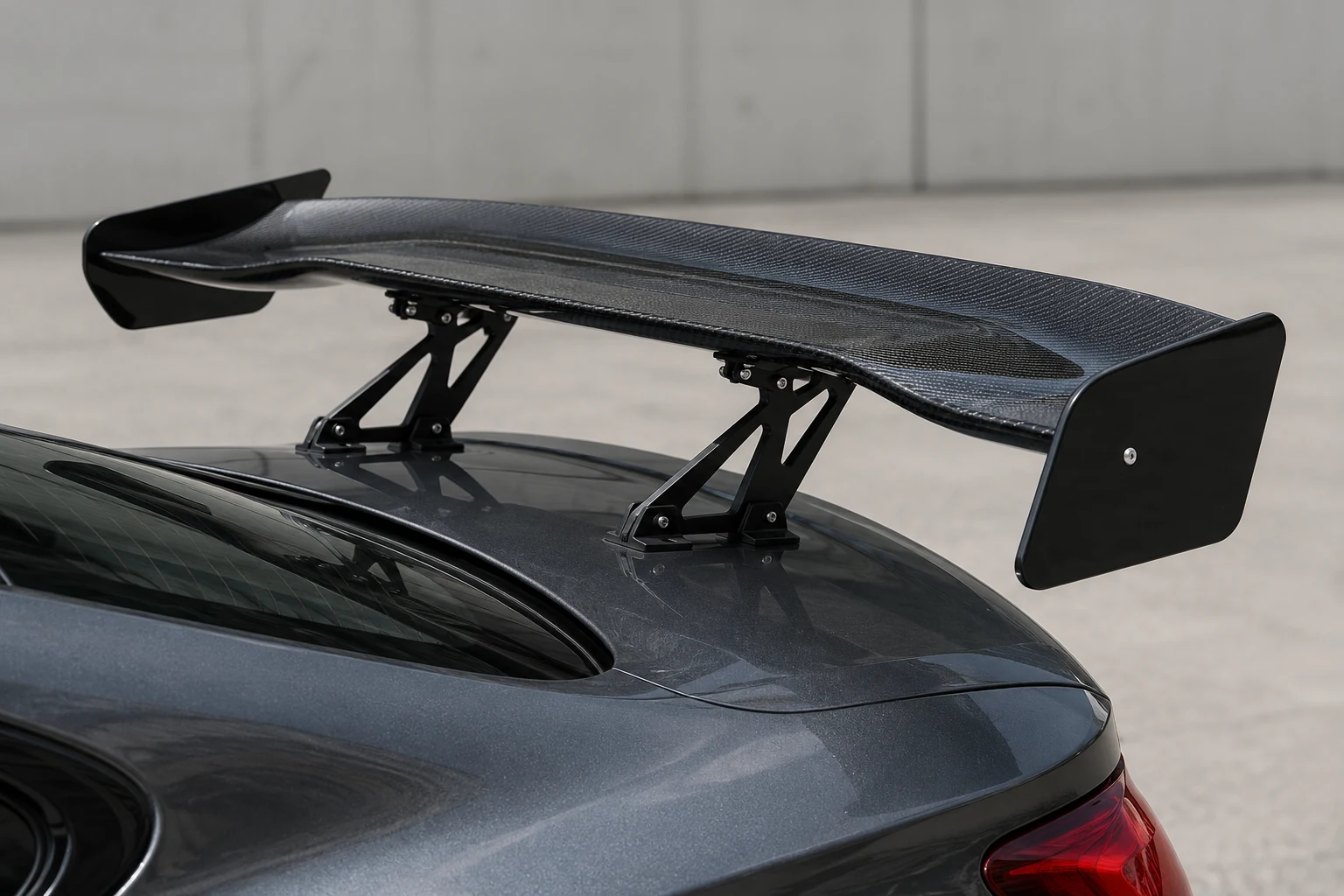 Carbon fiber rear wing installed on a performance car