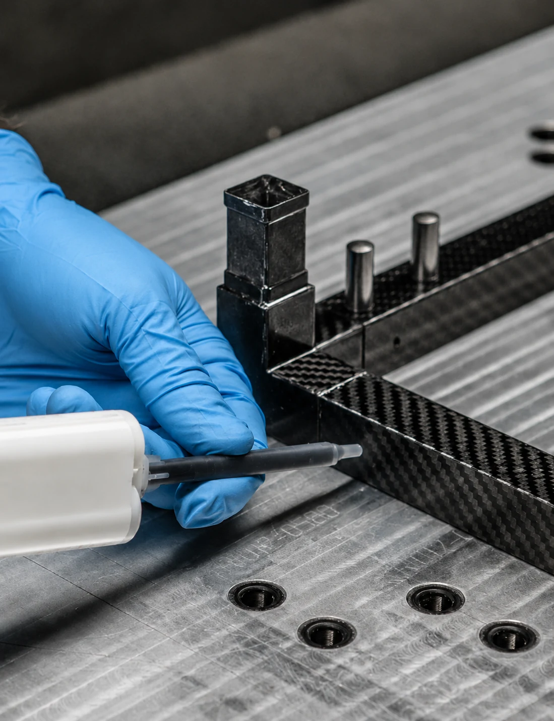 Adhesive bonding of hardware into a carbon fiber assembly