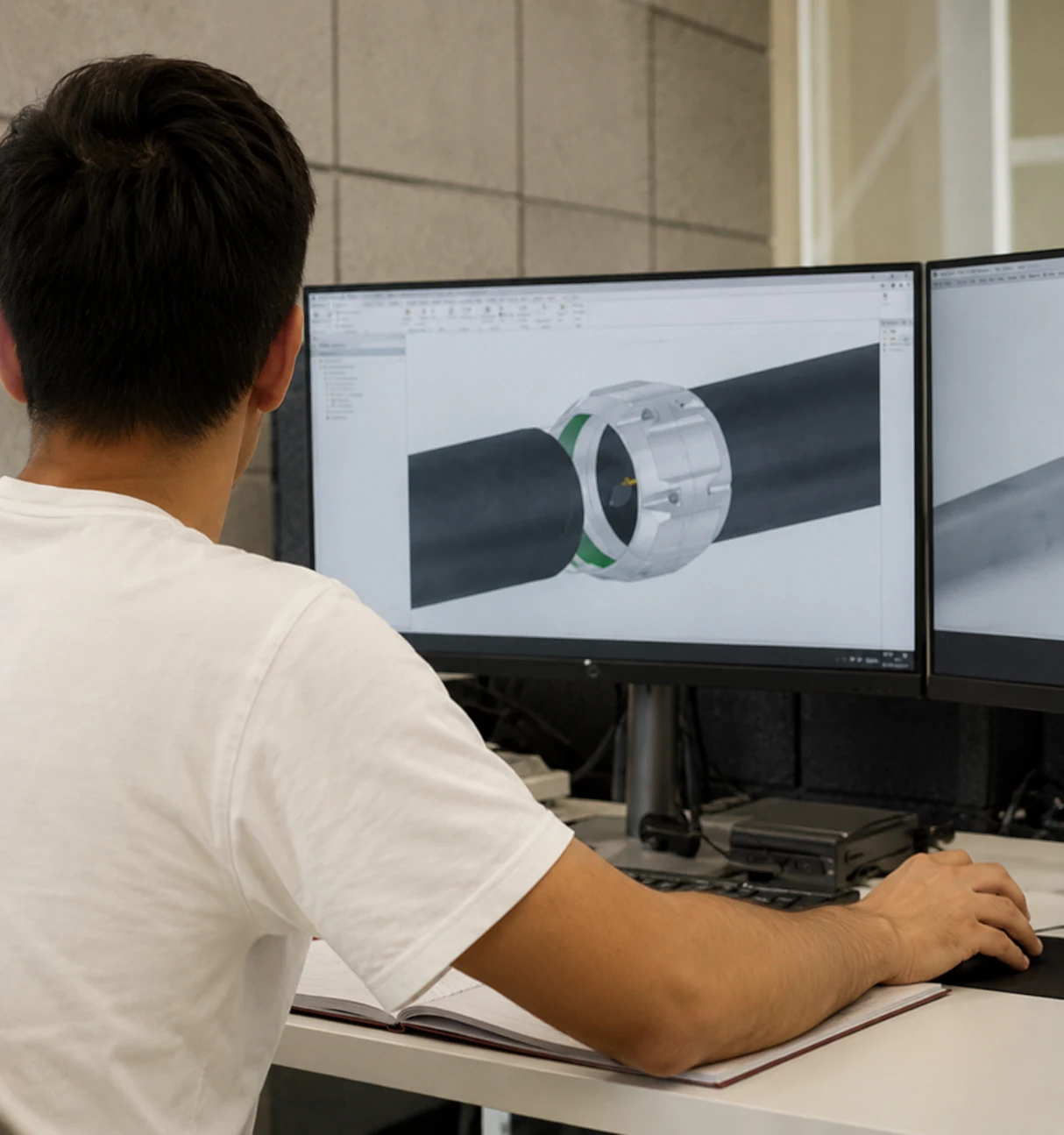 Engineer reviewing a carbon fiber tube assembly in CAD