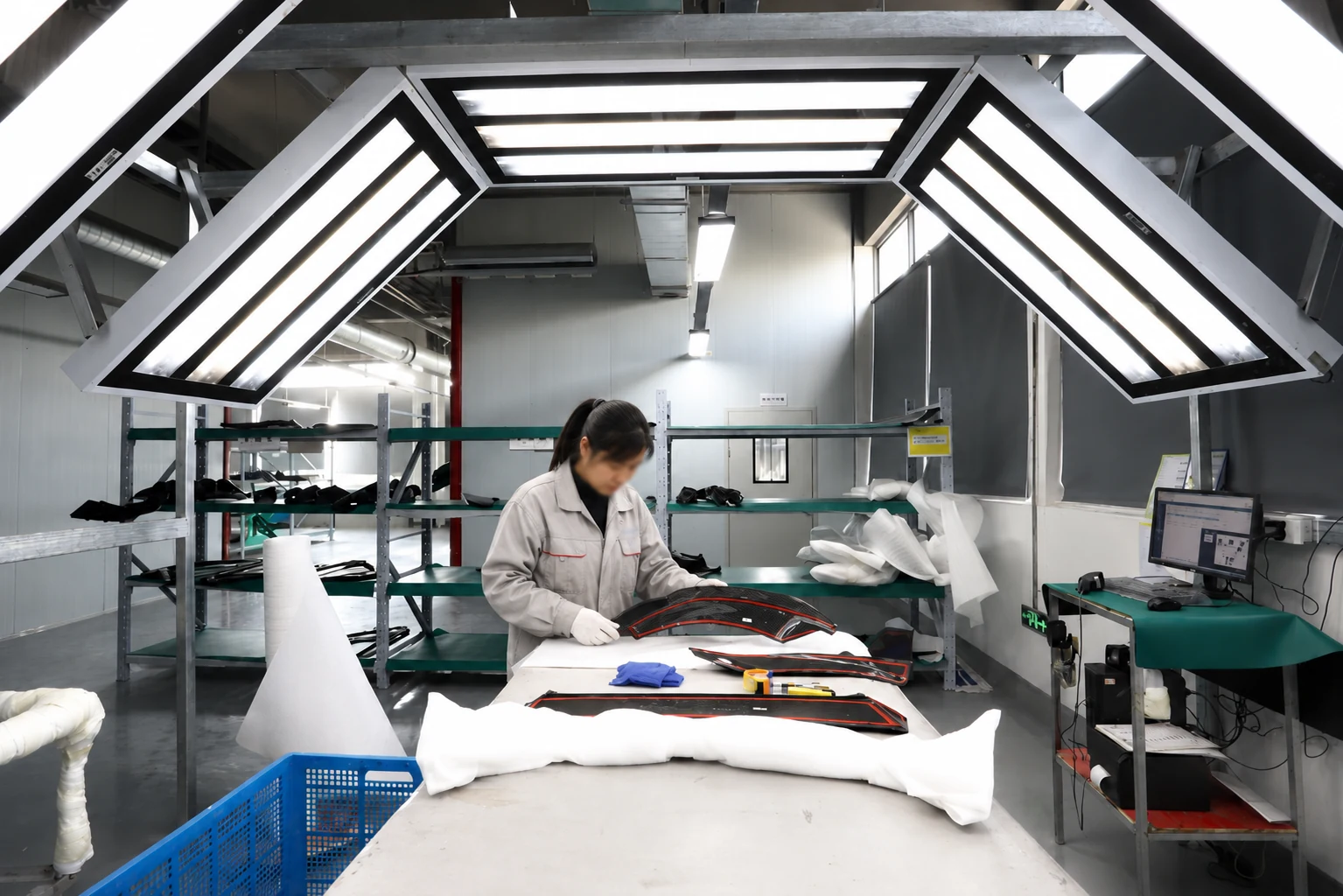 Carbon fiber components arranged at a controlled assembly and finishing workstation