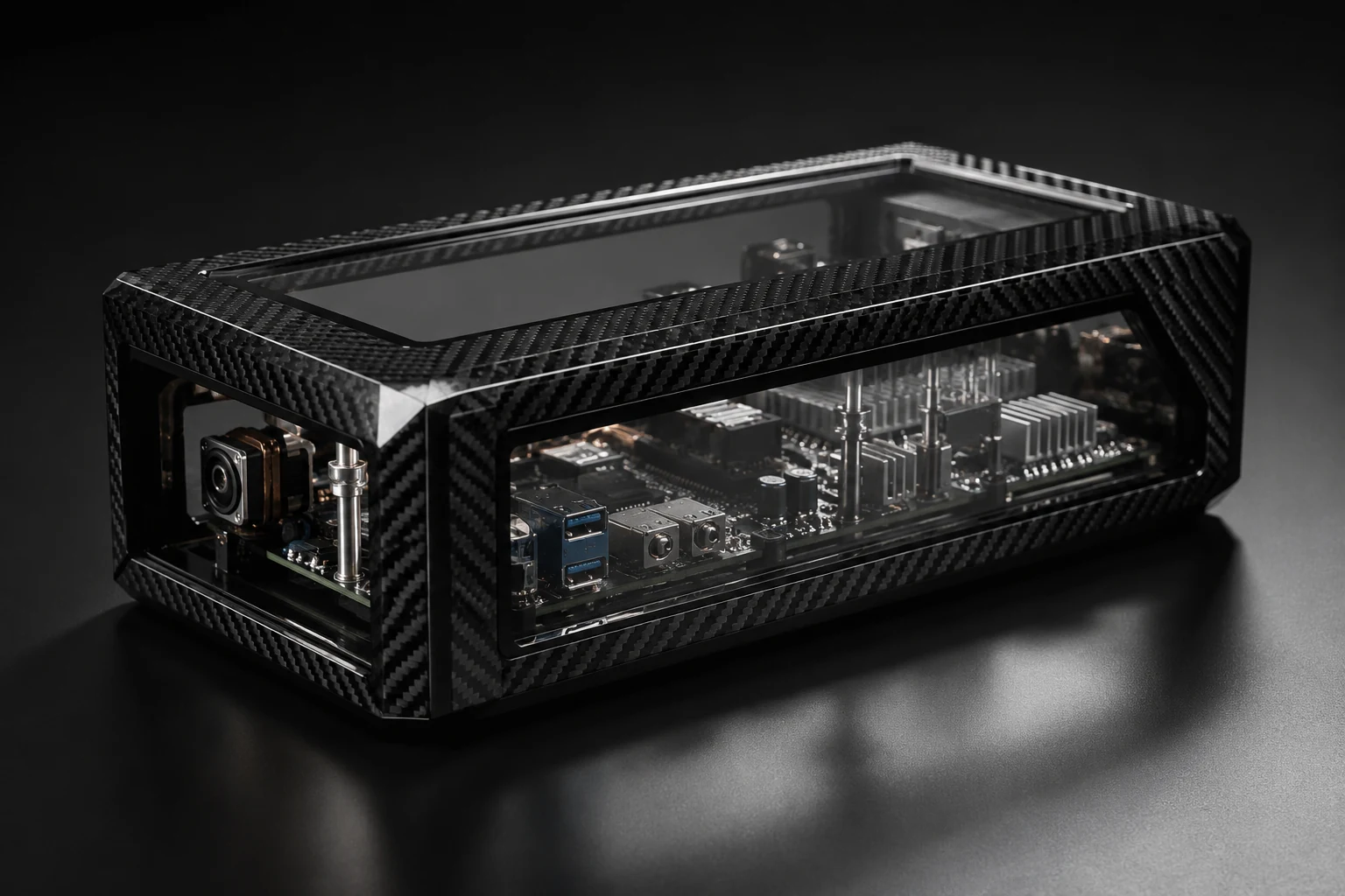 Carbon fiber equipment enclosure with visible electronic components
