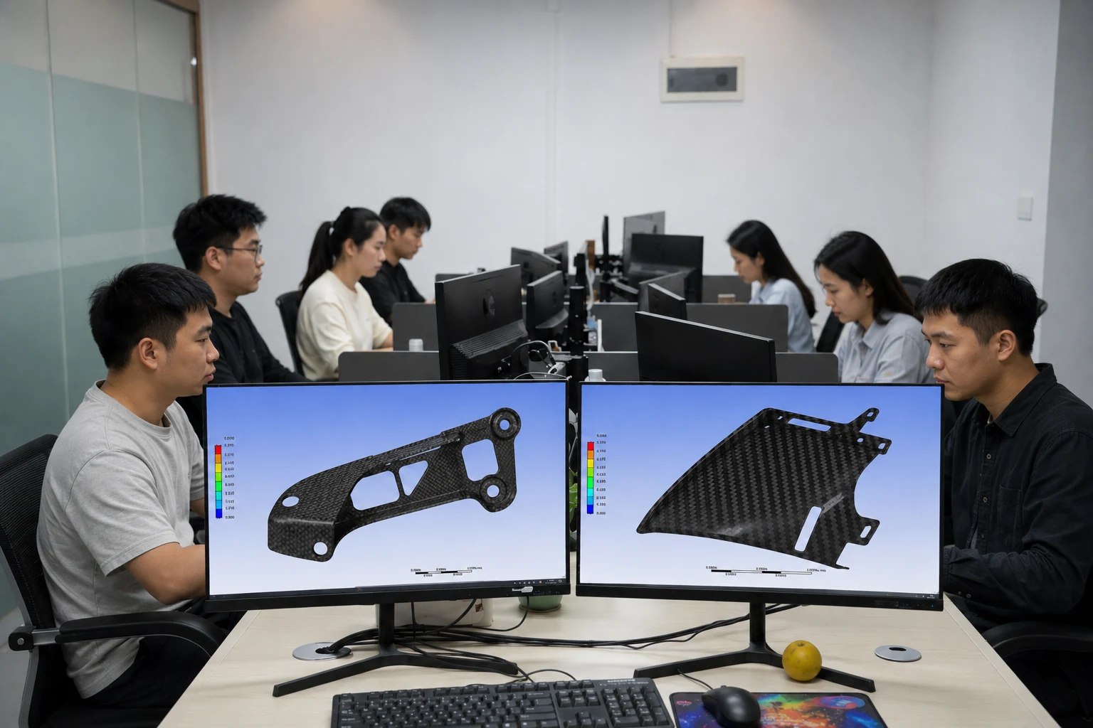 Engineering team reviewing carbon fiber component models at computer workstations