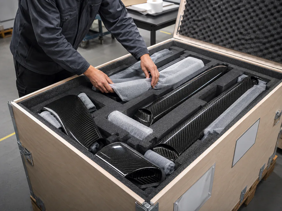 Carbon fiber components protected in wooden crates for export delivery