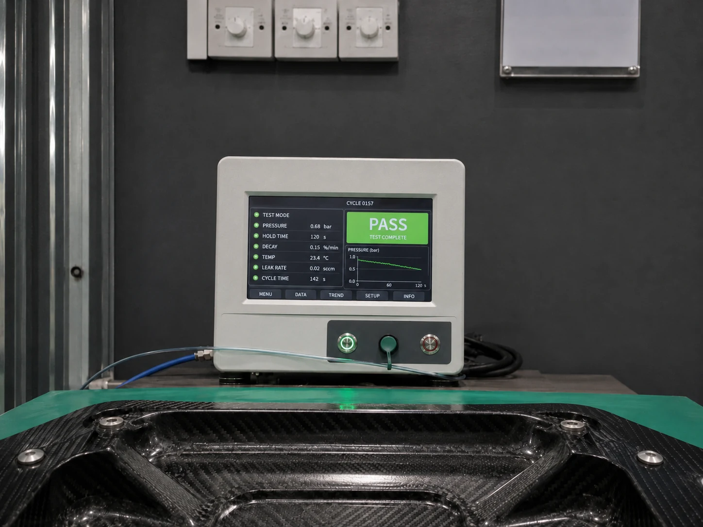 Carbon fiber component connected to an industrial leak test station