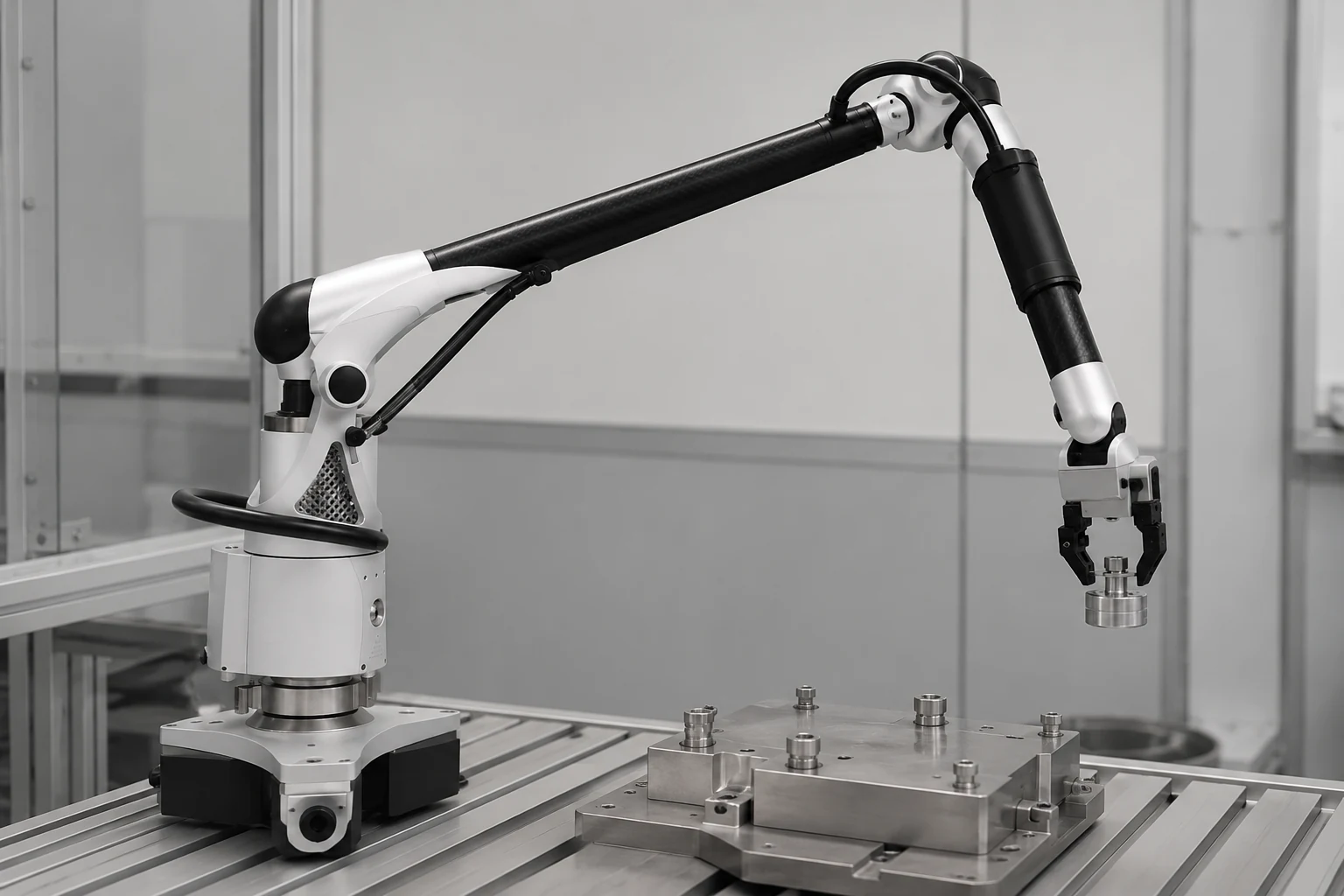 Industrial robotic arm built with lightweight carbon fiber structural tubes