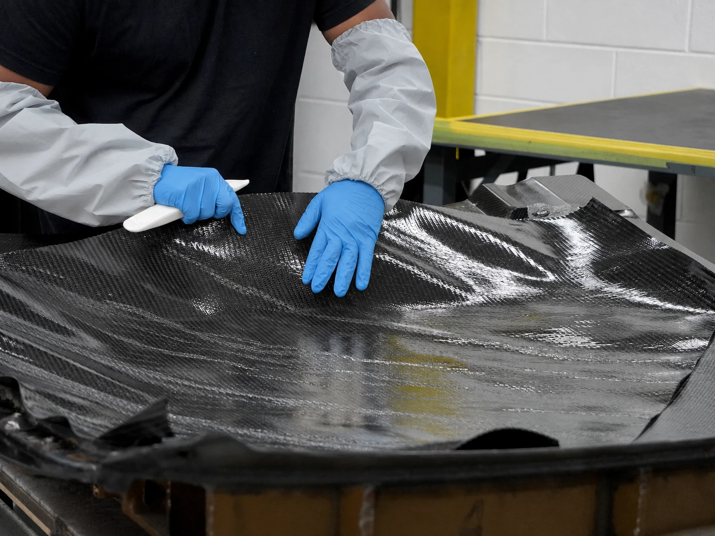 Technician positioning carbon fiber material during manufacturing planning