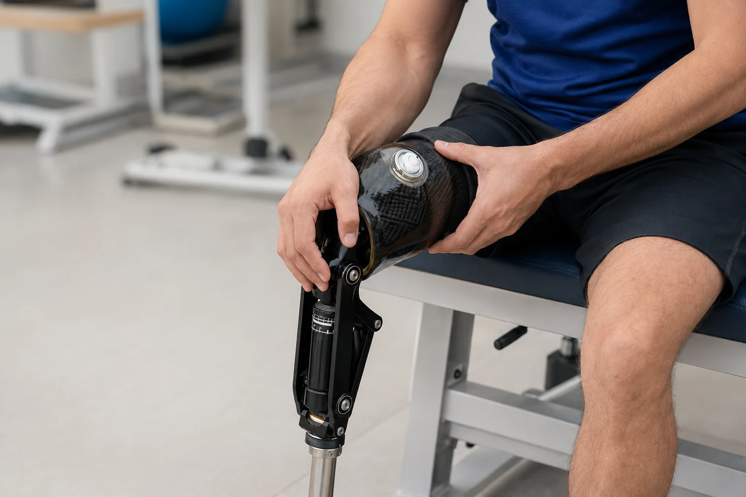 Carbon fiber prosthetic knee assembly being adjusted in a rehabilitation clinic