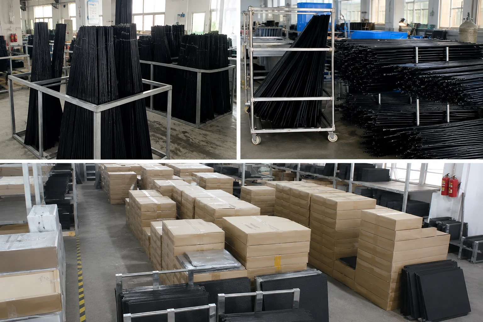 Carbon fiber parts organized in factory storage and packed for repeat orders