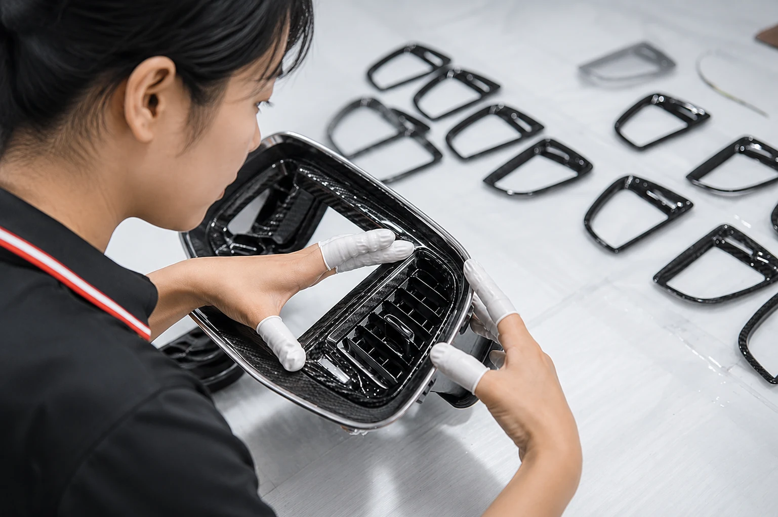 Technician inspecting carbon fiber parts during pilot production validation