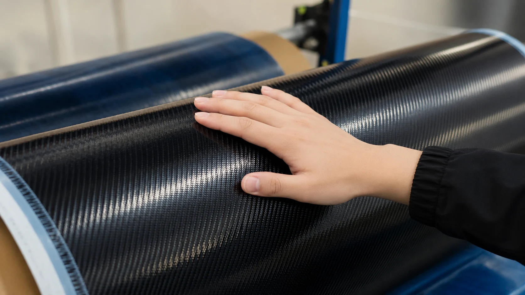 Hand checking the surface of a carbon fiber material roll