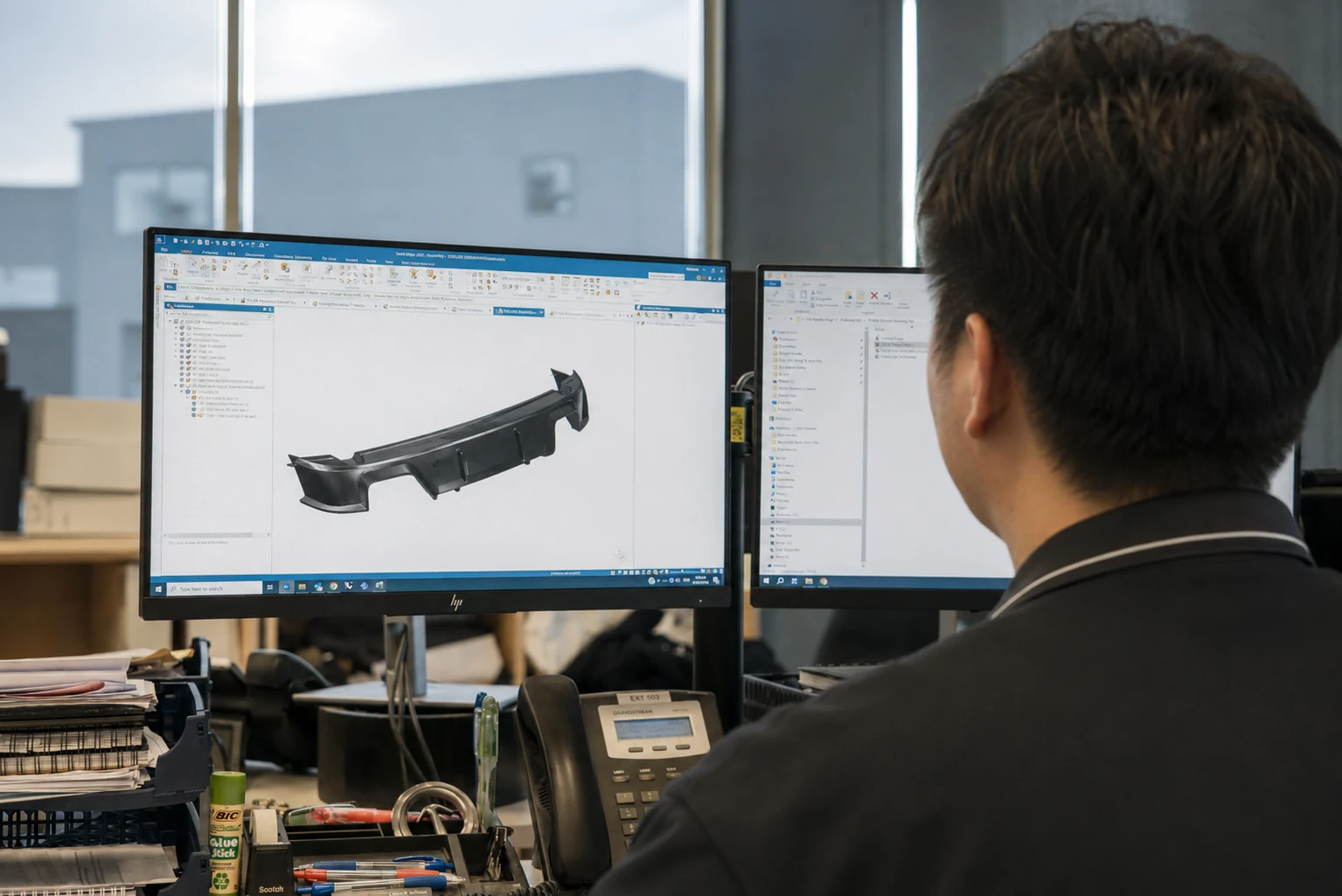 Engineers reviewing a composite product CAD model at a workstation