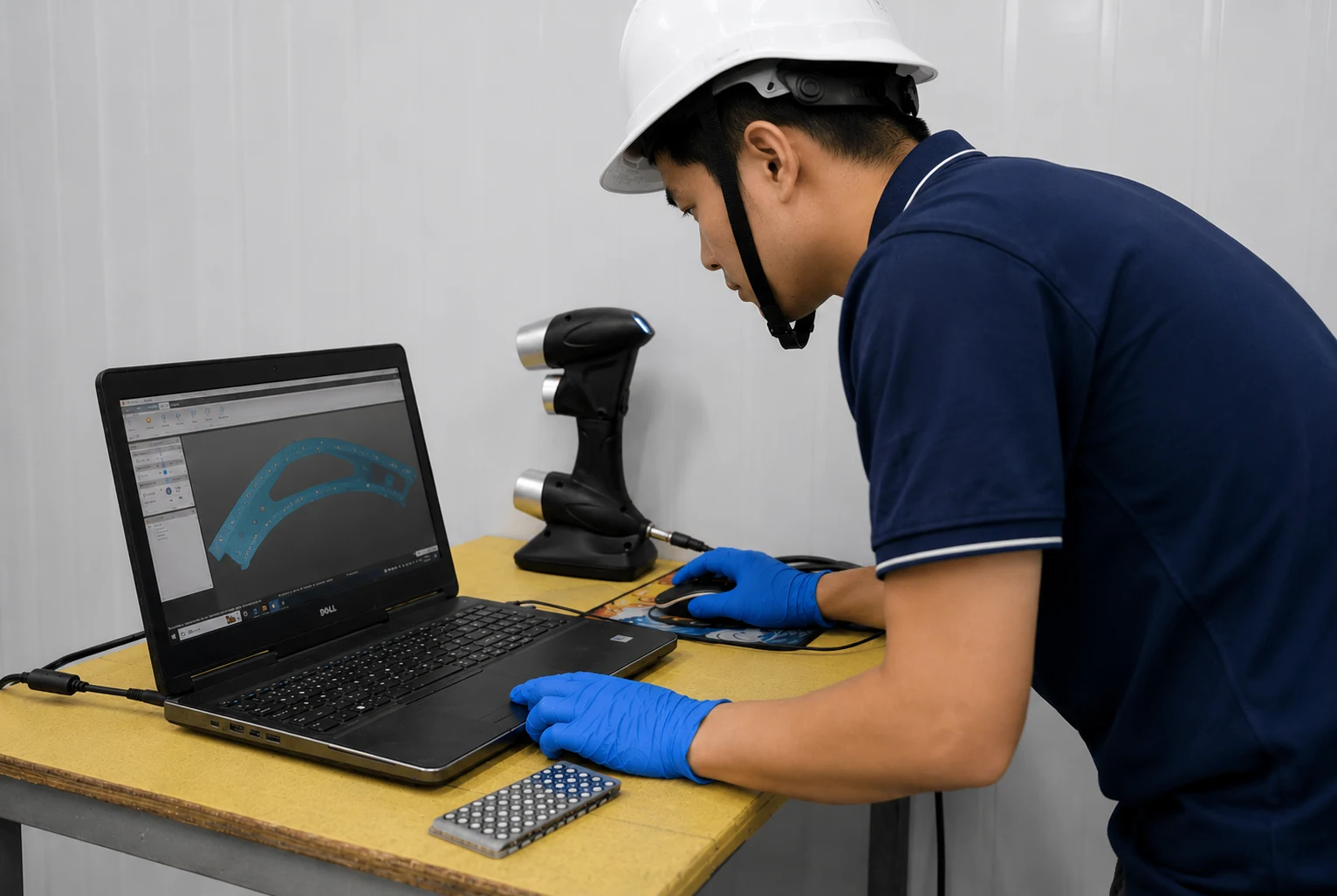 Quality engineer using scanning equipment and CAD inspection software