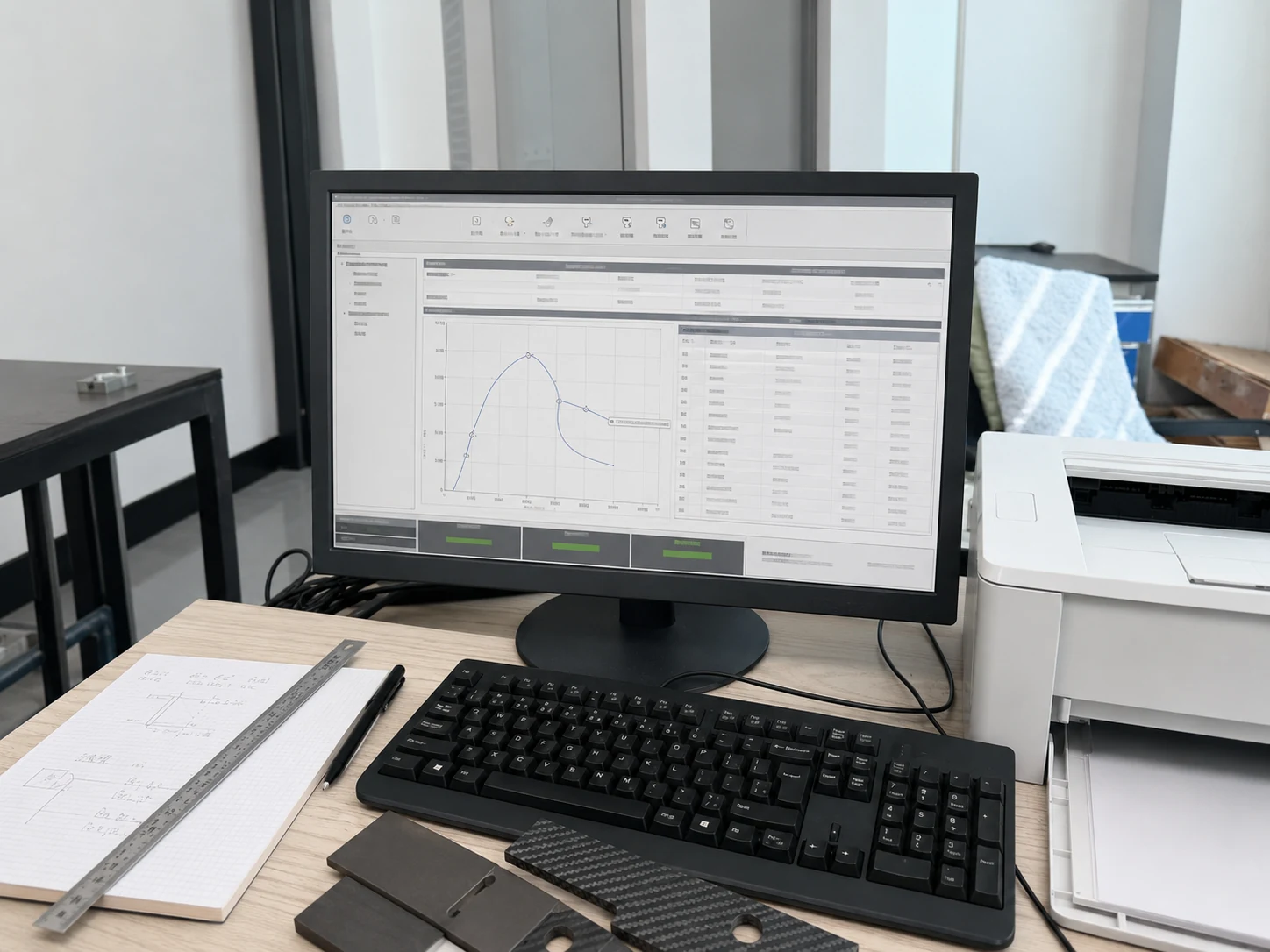 Engineering test workstation displaying carbon fiber quality data