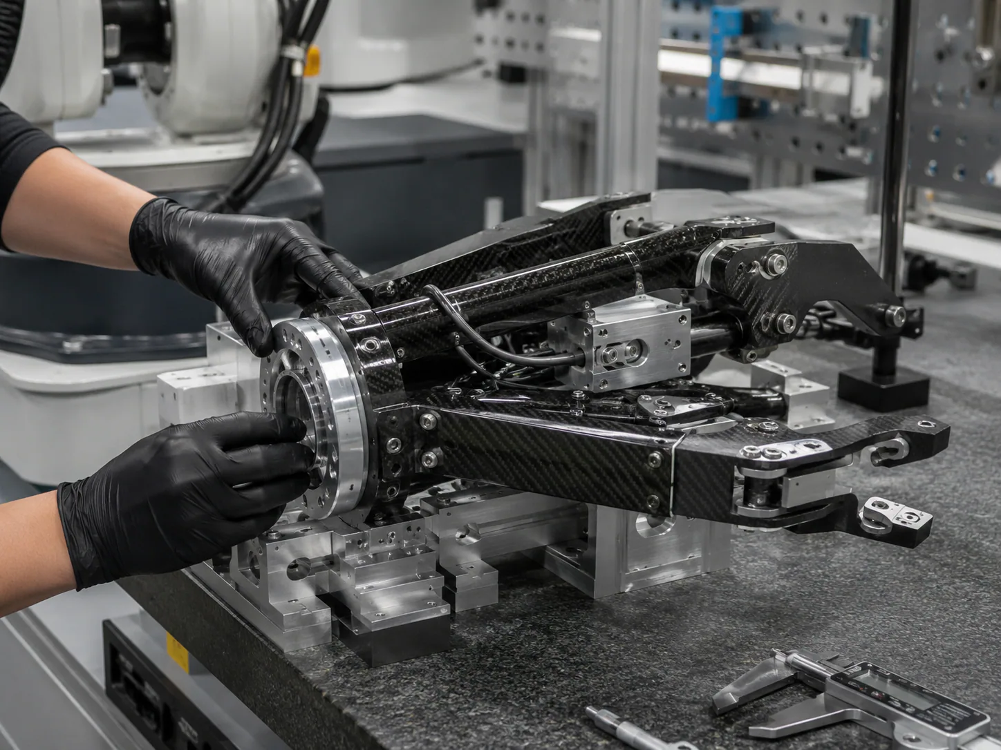Carbon fiber robotic end effector with integrated hardware interfaces
