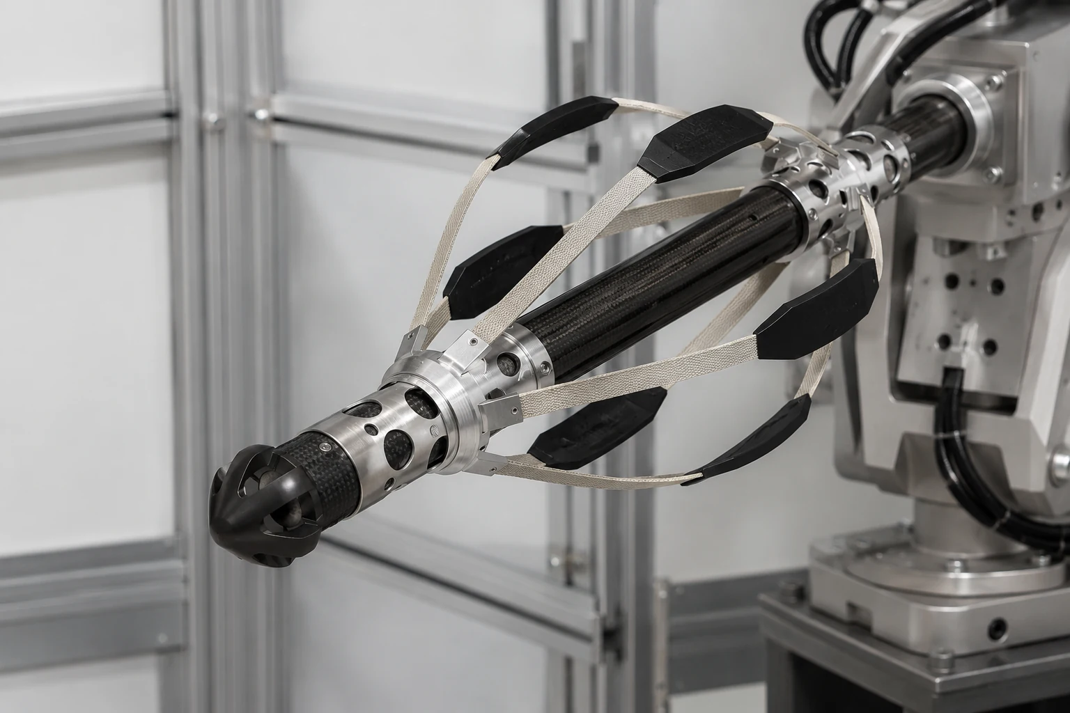 Carbon fiber robotic end effector mounted in an automation cell