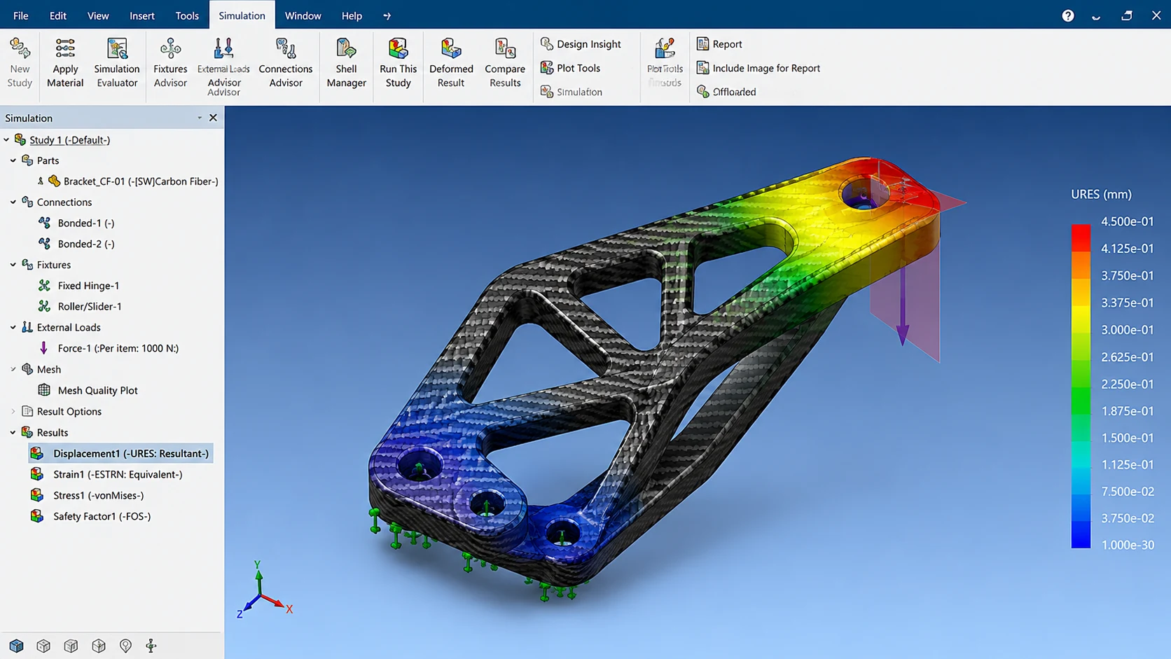 Carbon fiber bracket displacement simulation used for engineering review