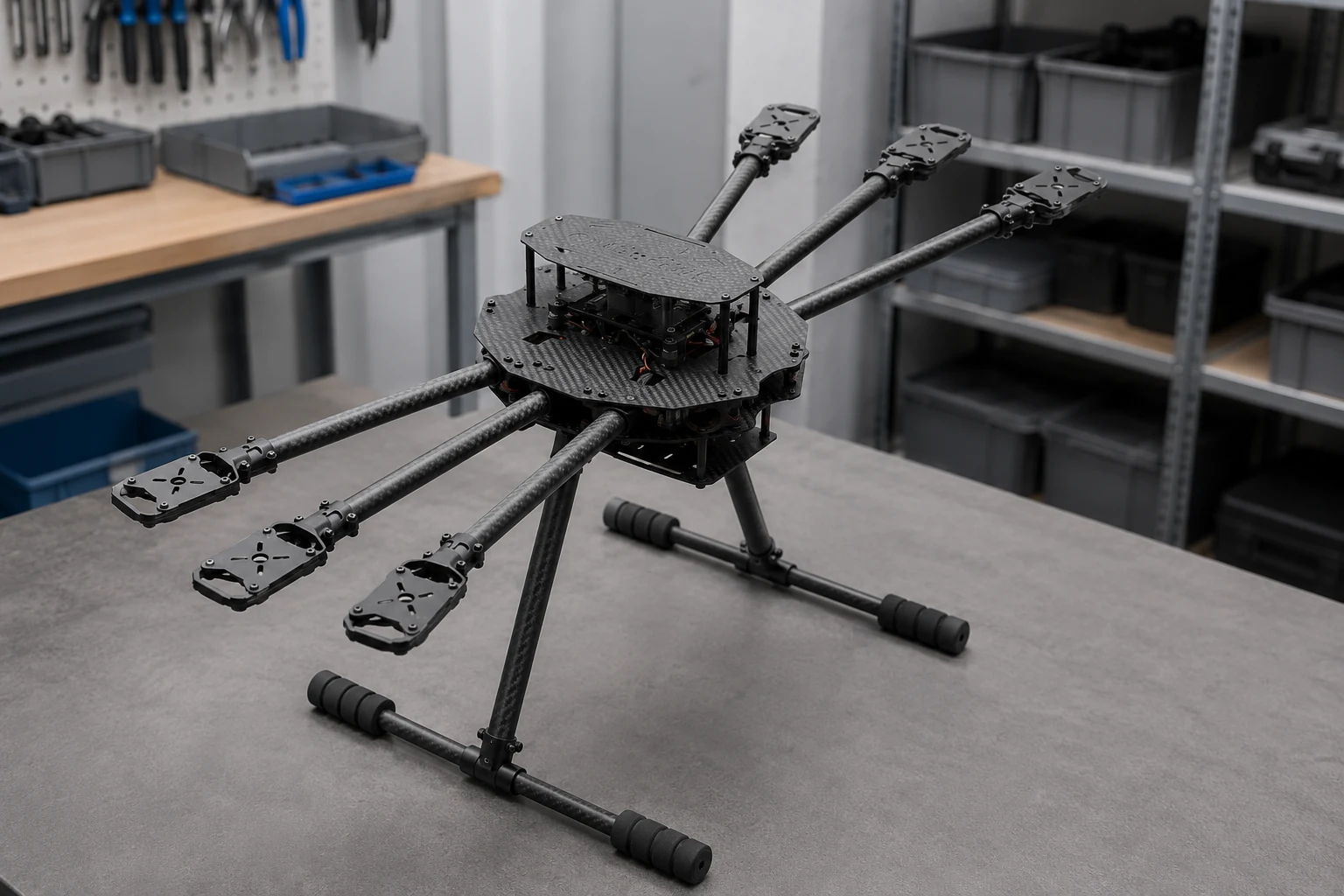 Carbon fiber multi-rotor UAV frame in an assembly workshop