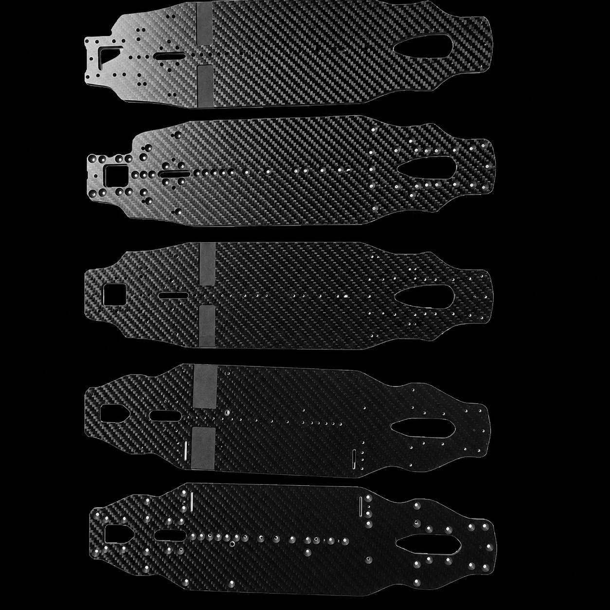 Multiple carbon fiber UAV frame plate variants arranged for production