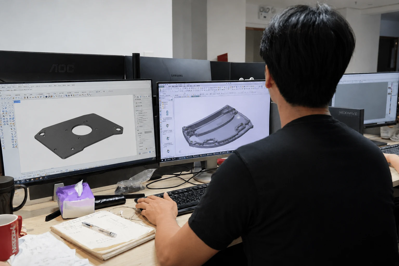 Composite engineer reviewing automotive component CAD models