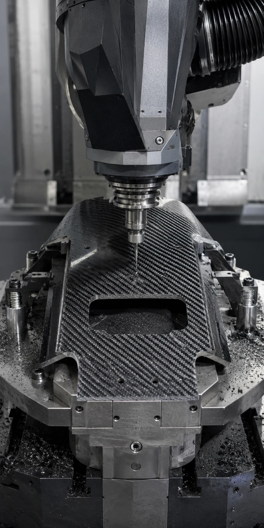 Five-axis CNC machining a formed carbon fiber component