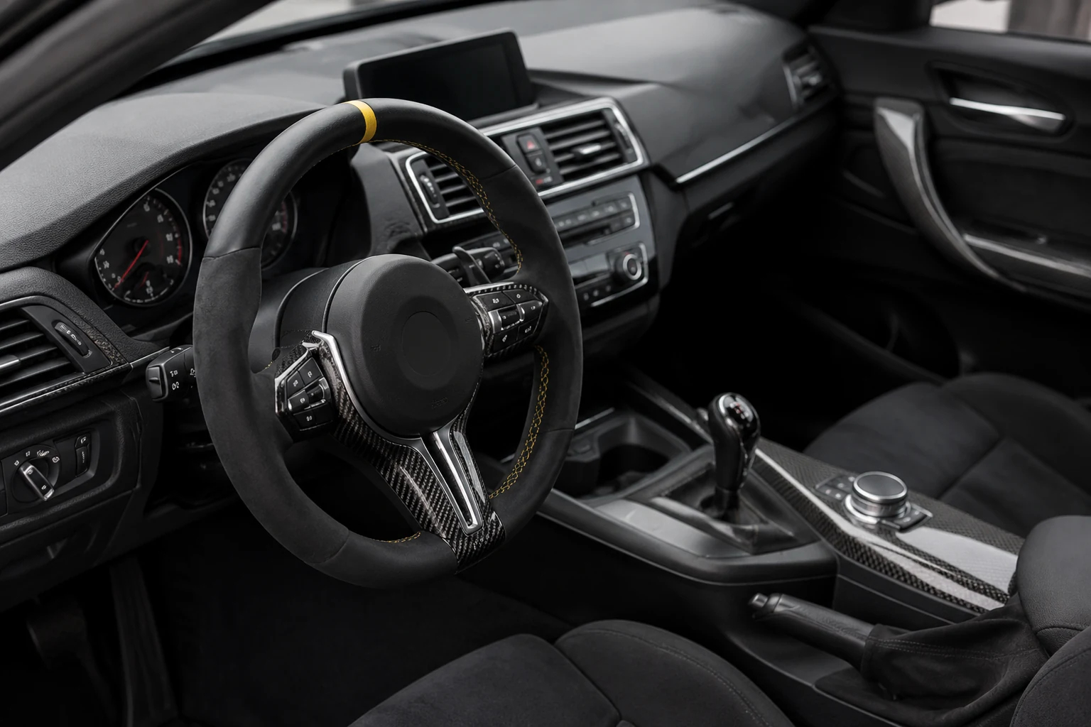 Carbon fiber steering wheel installed in a vehicle interior