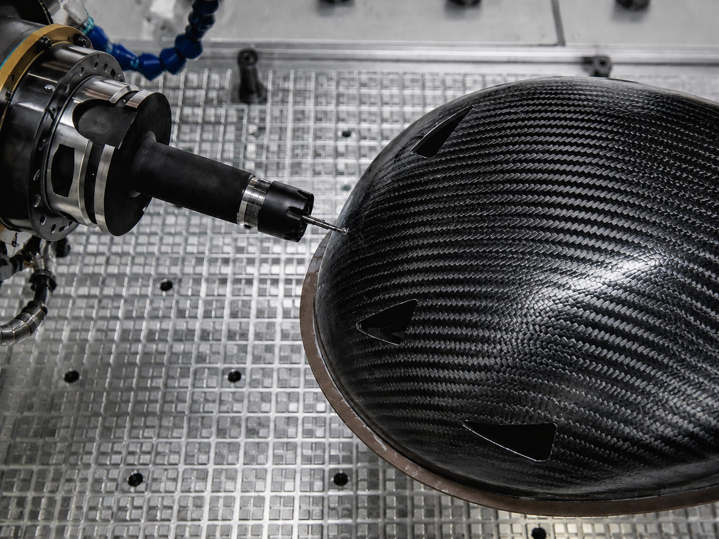 Formed carbon fiber part located in a CNC fixture