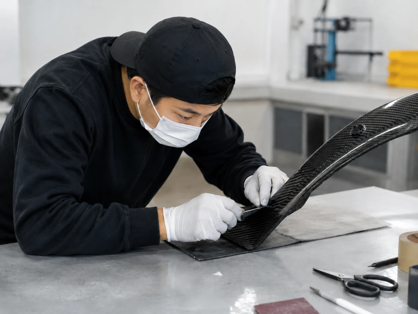 Finished carbon fiber part checked for fit and critical quality characteristics