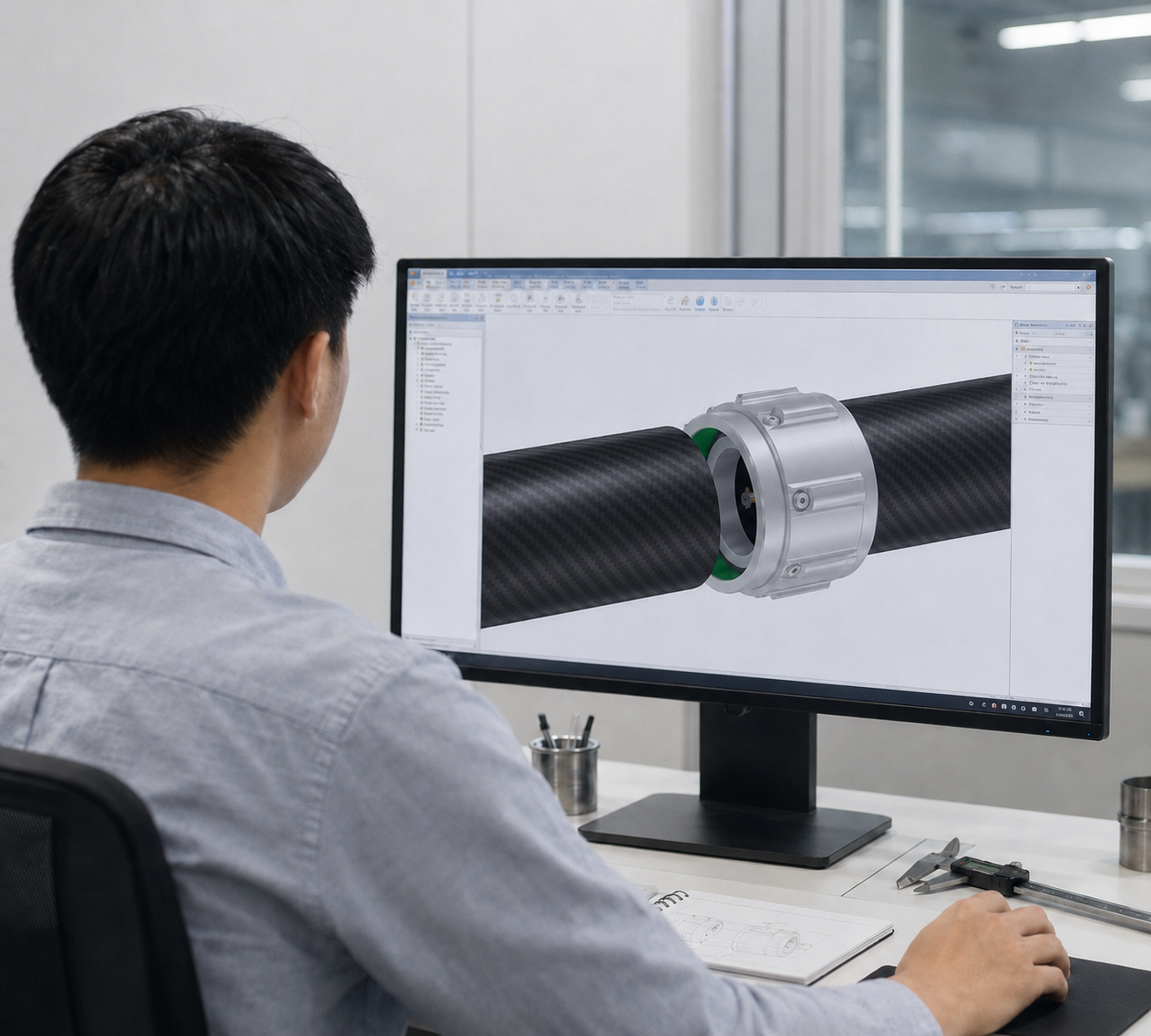 Drawing, CAD and carbon fiber sample prepared for a manufacturing DFM review