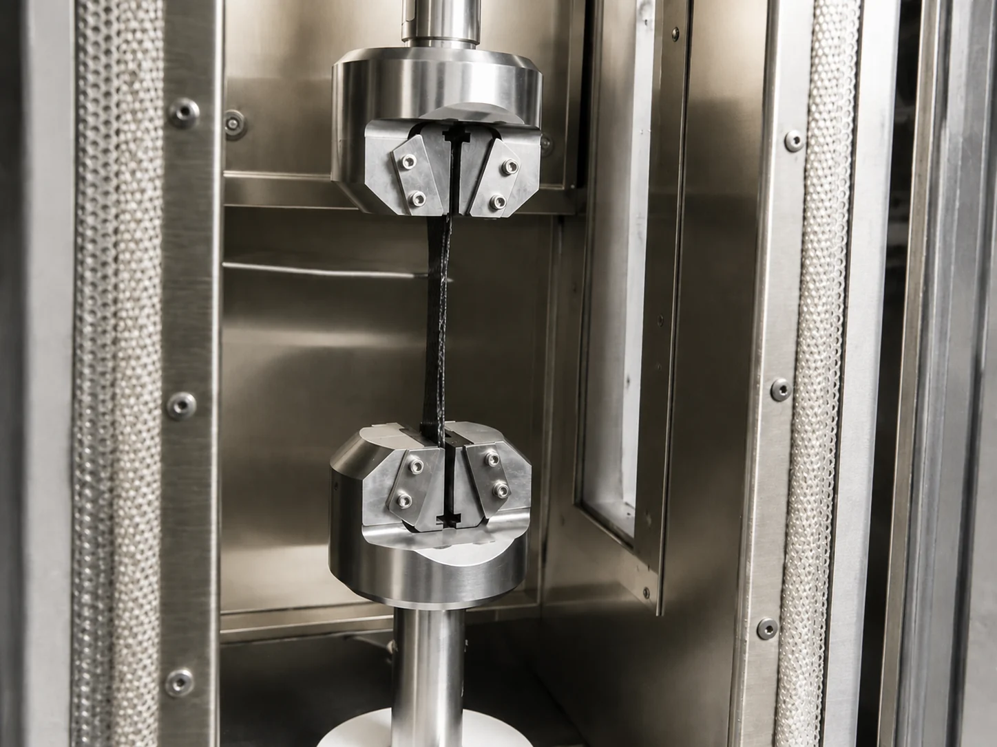 Carbon fiber specimen held in an enclosed environmental test fixture