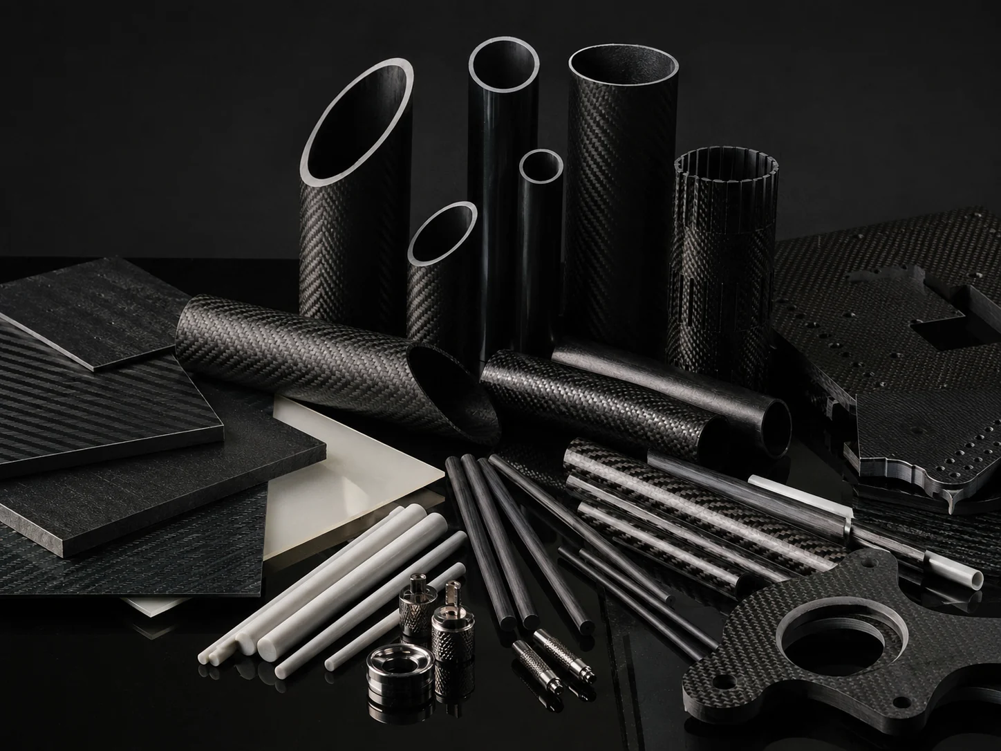 Carbon fiber sheets, tubes, rods and machined components at different object levels