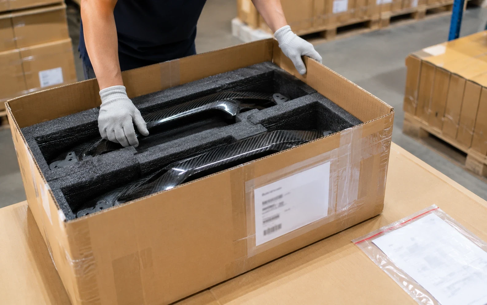 Carbon fiber product prepared with branded packing and export documents