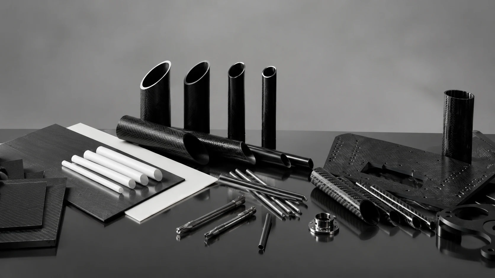 Carbon fiber tubes, rods, sheets and machined parts arranged on a dark worktable