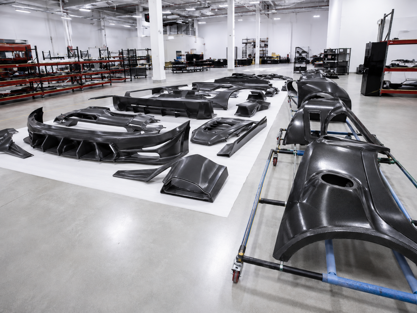 Matched carbon fiber parts staged as a repeat-production batch