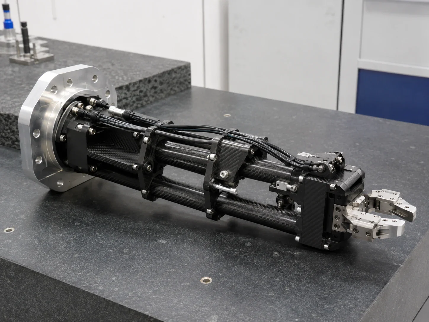 Carbon fiber robotic support and end-effector assembly on an inspection table