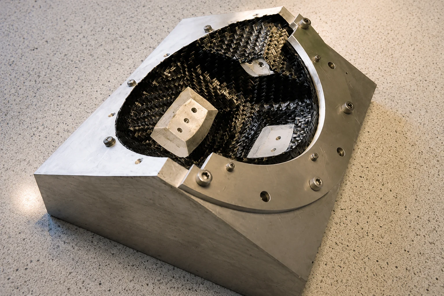 Technician examining a carbon fiber part surface during manufacturing review