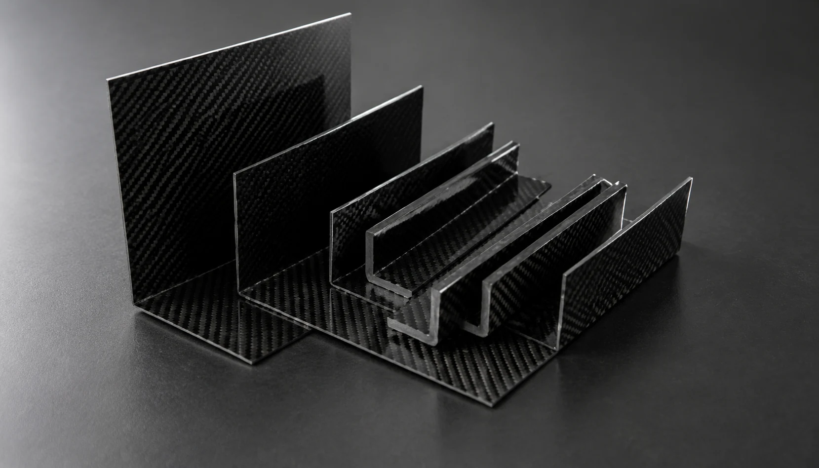 Carbon fiber L-angle, U-channel and structural profiles arranged by section shape