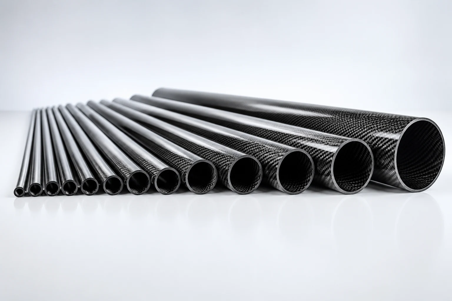 Carbon fiber tubes in multiple diameters arranged on a white surface