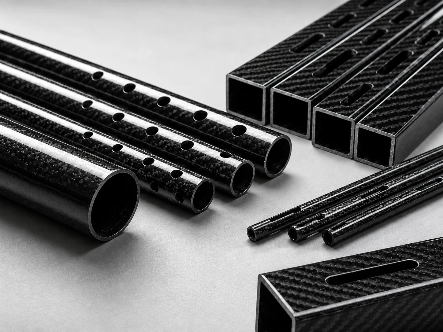 Machined carbon fiber tubes and profiles with drilled holes and end features