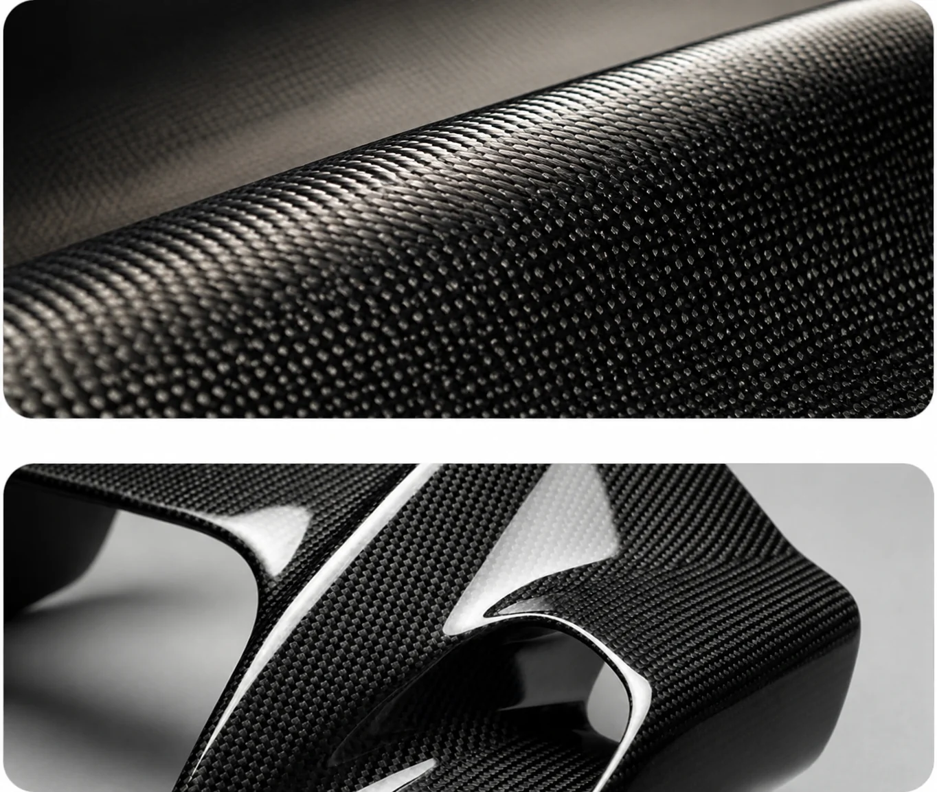 Finished carbon fiber surface showing weave continuity and gloss