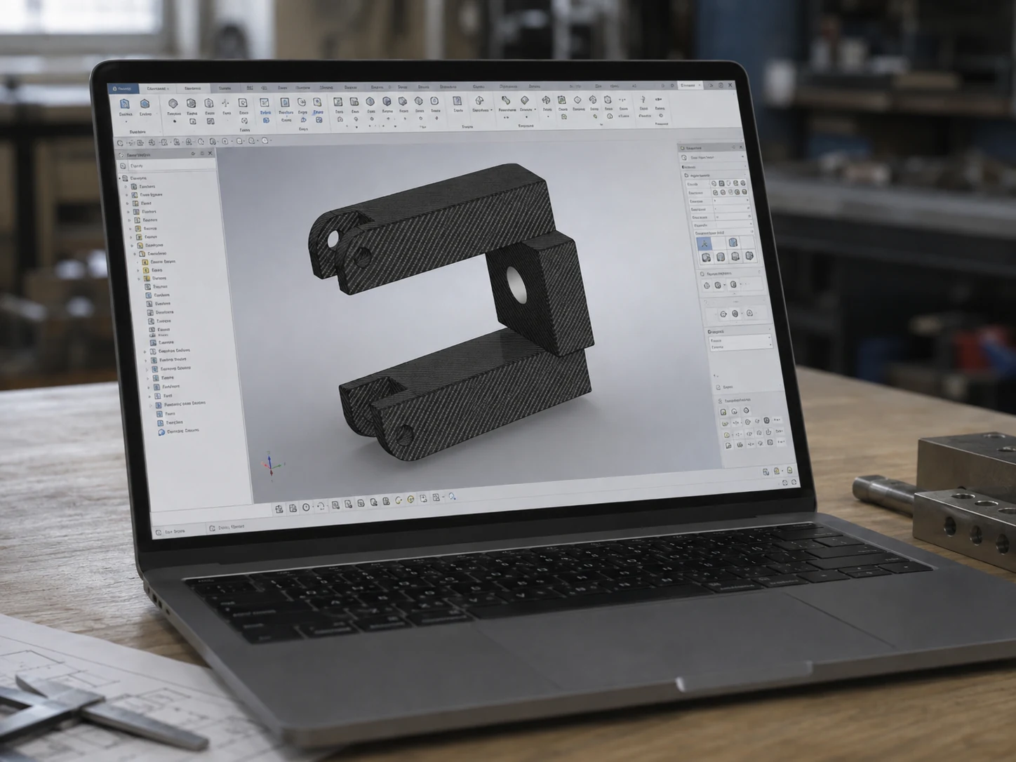 CAD model of a custom carbon fiber component displayed in a workshop