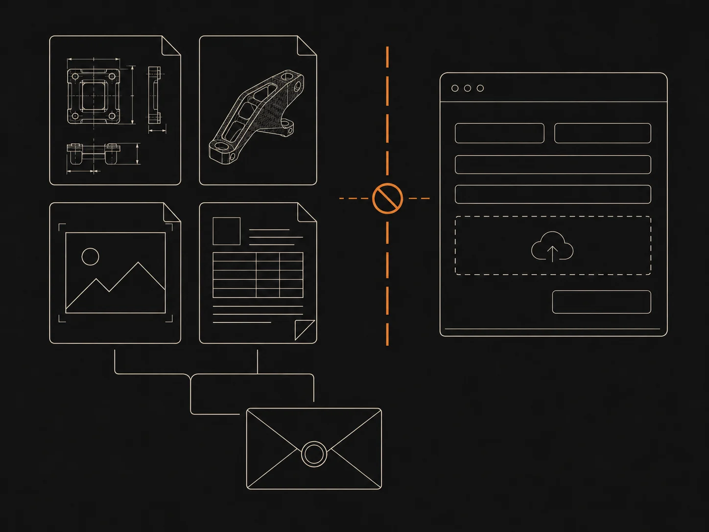 Line illustration showing technical files exchanged by reply email instead of the web form