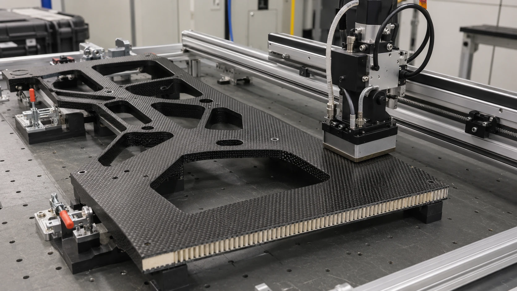 Carbon sandwich UAV frame under C-scan inspection