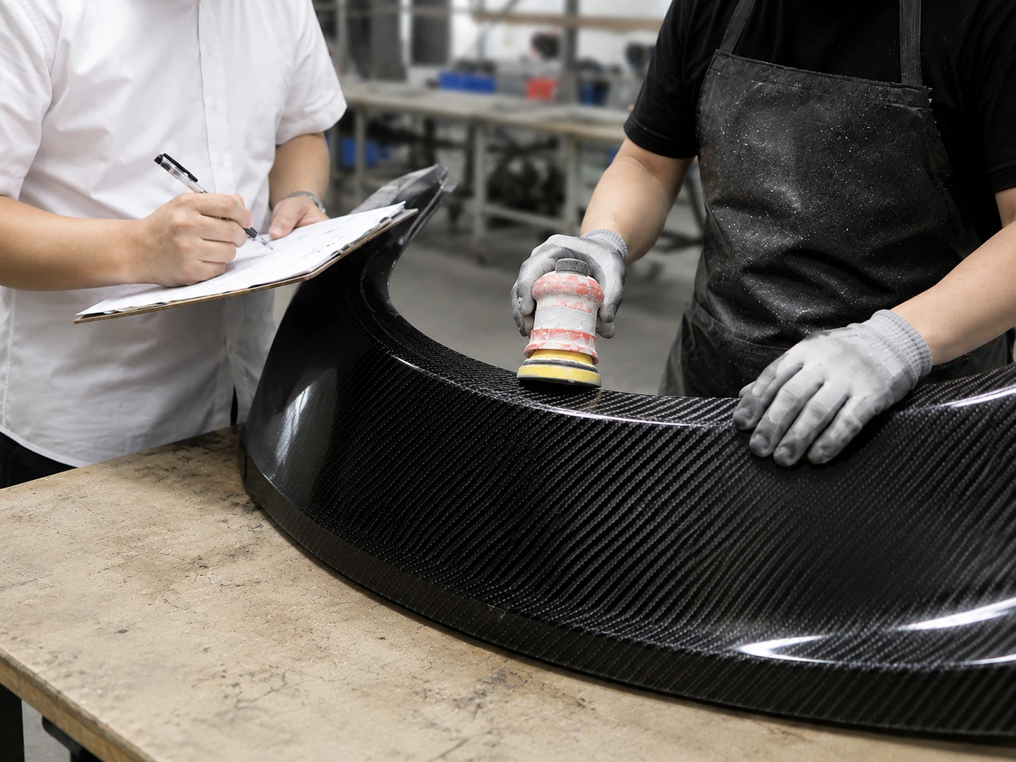 Visible carbon fiber shell surface under inspection